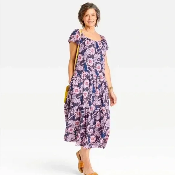 Knox Rose Womens Midi Length Floral Flutter Sleeve A Line Dress Sz Med Pink Blue - Picture 1 of 11